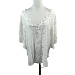 Boho Romantic Blouse Women Medium White V-Neck Lace Gauze Sheer Pullover Top